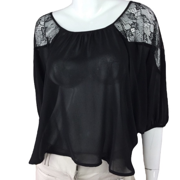 Black Flowy Chiffon Lace Round Boat Neck Quarter Sleeve Dressy Blouse Siz Medium - Picture 6 of 14